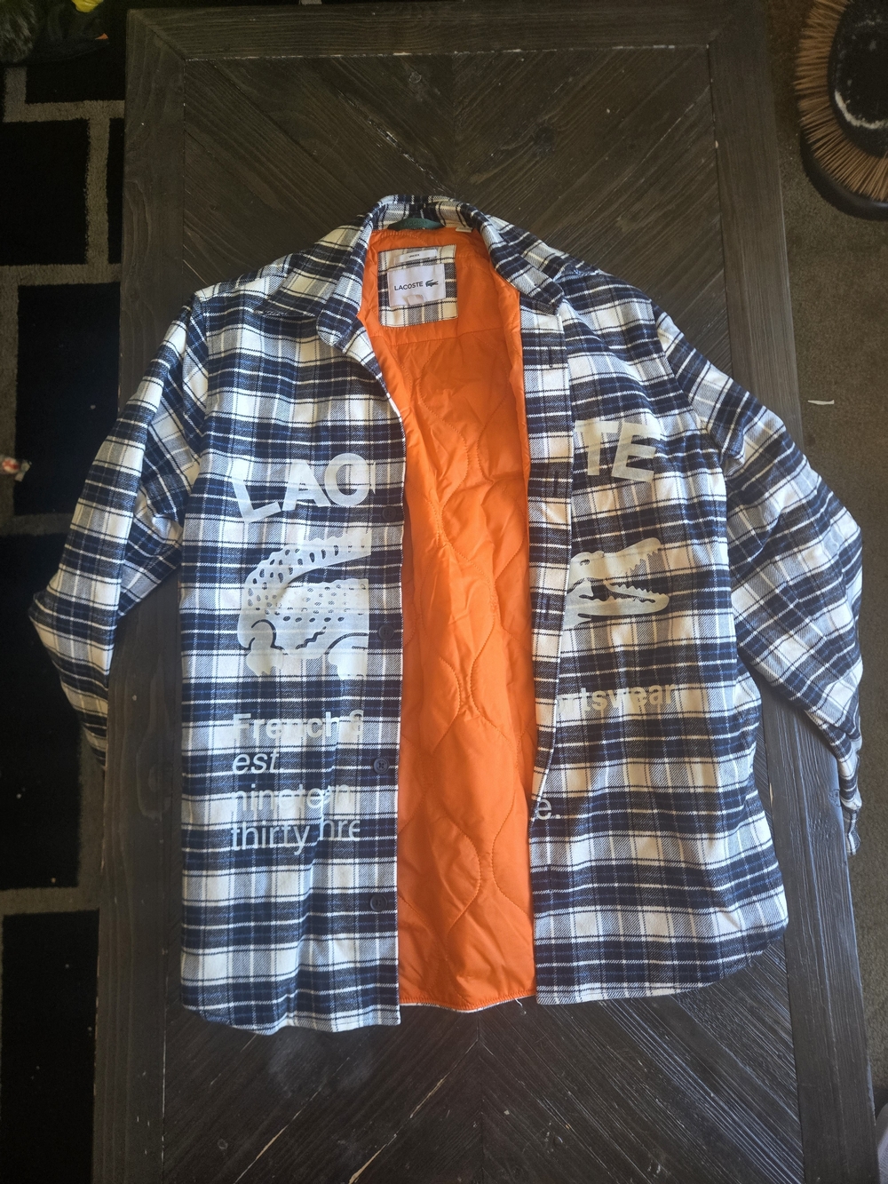 Lacoste Unisex Navy Plaid Shirt Jacket with Orange Liner